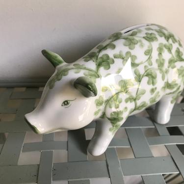 Ceramic White Piggy Bank with Green Foliage 