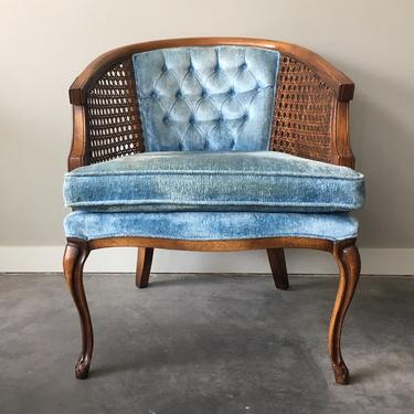 vintage cane barrel chair in blue.
