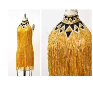 80s Vintage Bob Mackie Gold Beaded Fringe Dress Vintage Gold Metallic Dress Small Medium// Beaded Fringe Dress Flapper Inspired Cher Dress 