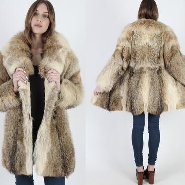 Vintage 70s Arctic Fox Fur Coat Double Breasted Winter Apres Ski Jacket With Pockets Large Roll Collar Brown Chubby Warm Stroller Jacket 