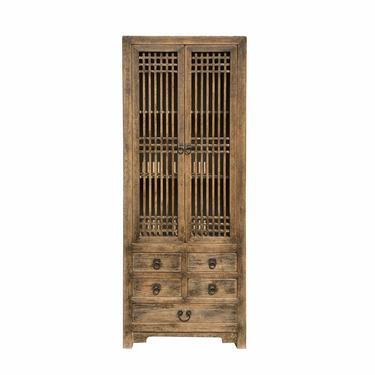 Chinese Distressed Brown Black Tall Slim Shutter Doors Cabinet cs6907E 