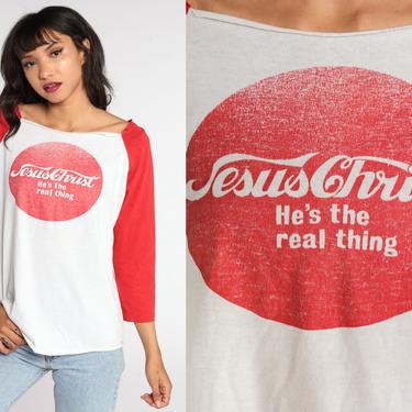 Jesus Christ Shirt He's The Real Thing Religious Tshirt Raglan Sleeve Tee Vintage tshirt 80s T Shirt Christian Shirt Coke Retro Medium Large 
