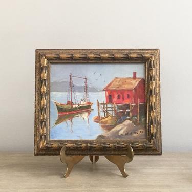 Small Nautical Oil Painting Brass Stand Signed Seaside Wharf Northeastern Coastal Decor 