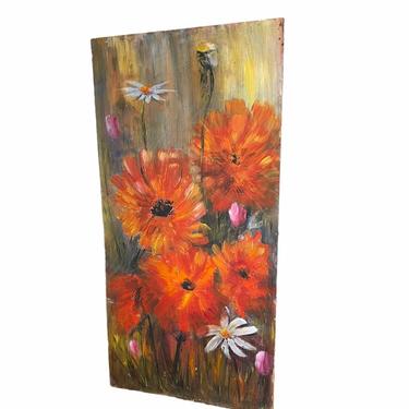 Vintage Floral Painting Abstract Garden Retro Deco Mid Century Modern Impressionist Green Yellow Red Bright Daisy 