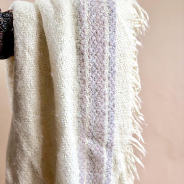 Vintage Wool Blend Cream and Purple Woven Throw Blanket with Fringe 
