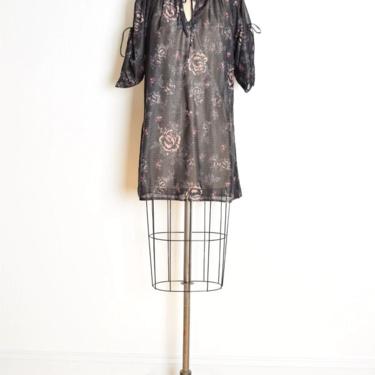 vintage 70s top sheer black metallic floral print hippie boho tunic shirt L XL clothing 