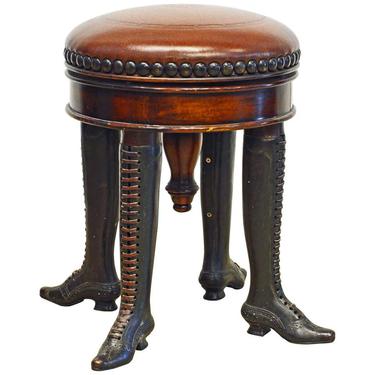 French Adjustable Leather Piano Stool on Bronze Legs in  the Form of Ladies Boots