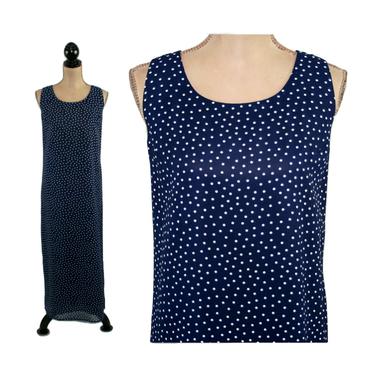 Navy Blue Polka Dot Long Chiffon Maxi Dress, Summer Sleeveless Shift, 1990s Clothes Women Medium, 90s Vintage Clothing from Plaza South 