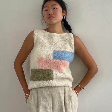 60s hand knit mohair sweater vest / vintage handknit white Italian colorblock mohair pastel sleeveless sweater vest | M 