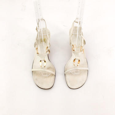 FINAL SALE /// 70s White Leather Gold Heels / 1970s Vintage Boho Sandals / Women's Size 7 