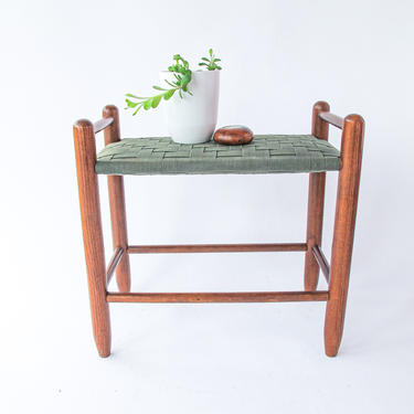Vintage Danish Style Mid-Century Modern Stool with Solid Wood Legs and Canvas Woven Seat 