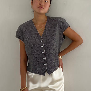 90s silk muscle capped sleeve vest blouse / vintage Ellen Tracy black silk mini print dolman cap sleeve vest blouse | M 