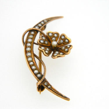 Vintage Art Nouveau 10k Yellow Gold Tiny Pearl Crescent Moon Flower Pin Brooch 
