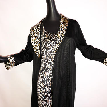 Vanity Fair Vintage 50s 60s Robe &amp; Gown 2 Piece Set 1950s 1960s Black + Leopard Animal Print Rockabilly Pin Up Bombshell Bathrobe Nightgown 