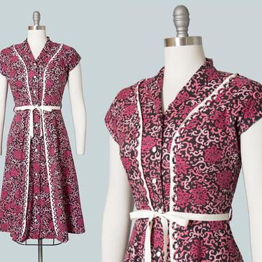 Vintage 1940s 1950s Dress | 40s 50s BRENTWOOD Floral Filigree Printed Cotton Pink Shirtwaist Full Skirt Day Dress (medium) 