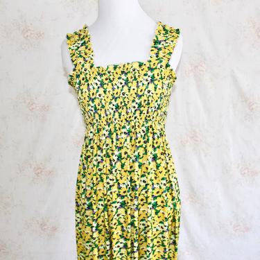 Vintage Smocked Dress, Floral Dress, Flower Daisy Print, Square Neck Dress, Midi Dress, Summer Dress, Beach Dress, Yellow 