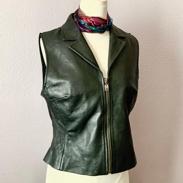 Vintage 90s Black Leather Vest, Zip Front, Sleeveless Top, Peter Pan Collar, Size L 
