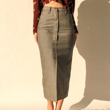 Vintage 80s Norma Kamali Reversed Gray Denim High Waisted Midi Pencil Skirt | 100% Cotton | 1980s Designer Denim, High Waisted, Jean Skirt 