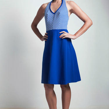 vintage 60s mod halter dress chevron stripe blue white polyester knit MEDIUM M 