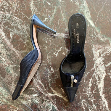 Yves Saint Laurent Leather and Fabric Slingback Pumps with YSL Logo Zipper 39 Rive Gauche 1990s 8.5 Mules Vintage 