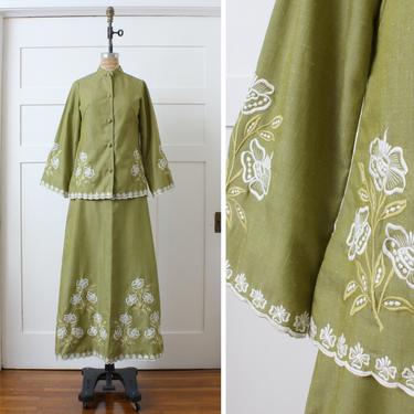 vintage 1970s loungewear • tropical tiki blouse &amp; maxi skirt set in chartreuse green with embroidered white flowers 