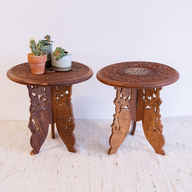 2 Available - Beautiful Hand Carved Bohemian Vintage Teak Accent Tables - Made in India (Sold Separately) 