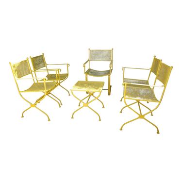Vintage Mid Century Buttercup Yellow French Directoire Style Wrought Iron Patio Set- 5 Pieces 