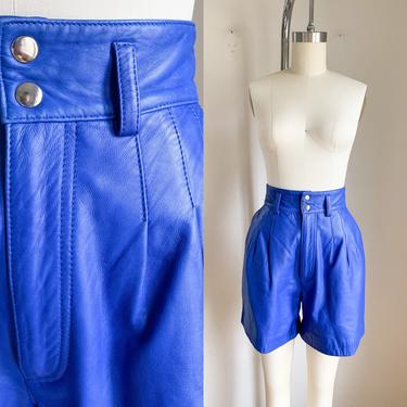 Vintage 1980s Blue Leather High Waist Shorts / XS 