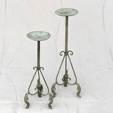 French Antique Ornate Candle Holders Copper Patina Blue Metal Candle Stands French Country Farmhouse Shabby Chic Candle Holders Wedding 