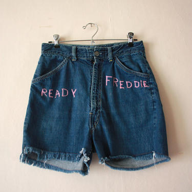 70s Denim Cutoff Shorts with &quot;Ready Freddie&quot; Embroidery Size M 
