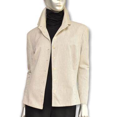 Vintage Beige and Navy Striped Blazer Lauren Ralph Lauren Preppy Button Front Jacket 