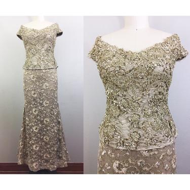 Vintage FE ZANDI Couture Gold Nude Lace Satin Beaded Sequin Evening Gown Dress Wedding XS 