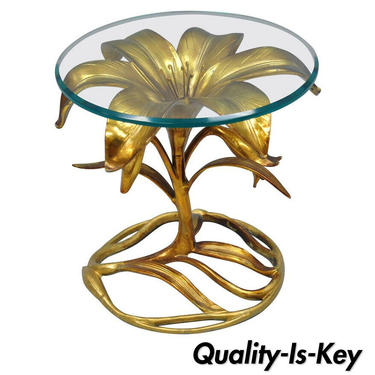Arthur Court Hollywood Regency Gold Lily Leaf Flower Round Glass Top Side Table