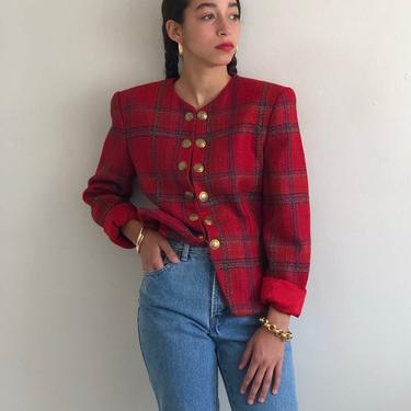 90s plaid wool suit / vintage red tartan plaid wool tweed cropped gold chain blazer with skirt suit matching set | XS 
