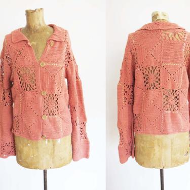 90s 2000s Crochet Cardigan S - Mauve Pink Granny Square Crochet Cutout Knit Jacket - Fairy Grunge Cardigan - Knit Cotton Boho Sweater 