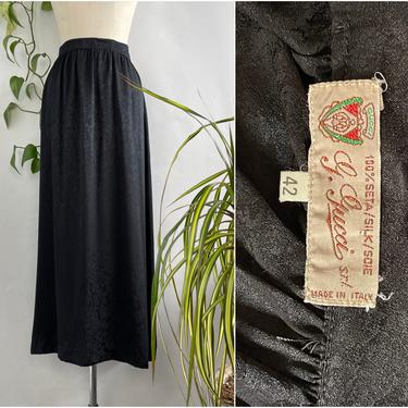 GUCCI 70s 80s Silk Lush Floral Jacquard Skirt | 1970s 1980s Made in Italy, Italian Black Skirt | Vintage Designer | Size Medium Large 