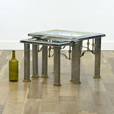 Pair Metal Frame Nesting Tables W Beveled Glass Tops
