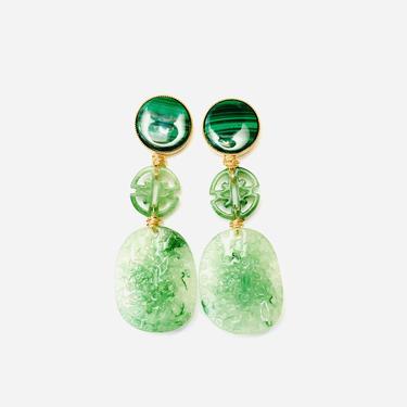 The Pink Reef Malachite and acetate Jade triple drop earring