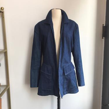 Vintage 70's Does 40's DENIM CHORE Jacket Coat / Long Lean Fit + Elastic Waist / Cool Pockets 