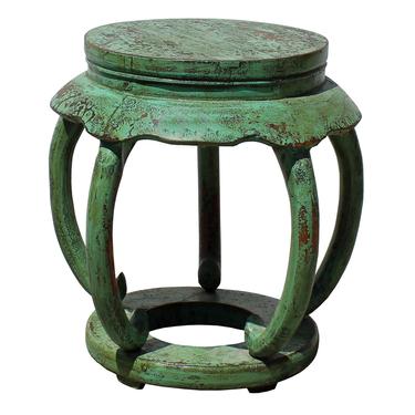 Distressed Light Teal Green Lacquer Curved Legs Wood Stool Table cs5129S