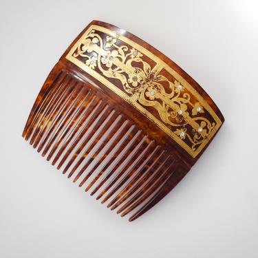 Large Antique Rhinestone Decorated Celluloid Haircomb | 1900s 1910s 1920s Art Nouveau Faux Tortoiseshell Comb 