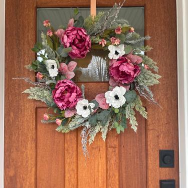 Winter Spring Front Door Wreath with Peony and Anemone, Front Door Decor, Valentines Day Wreath, Everyday Wreath, Pink Spring Wreath 