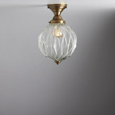 Mid century modern - ceiling light - flush mount brass light - Clear glass semi flush fixture - foyer lighting - Hourglass Style Fixture - 