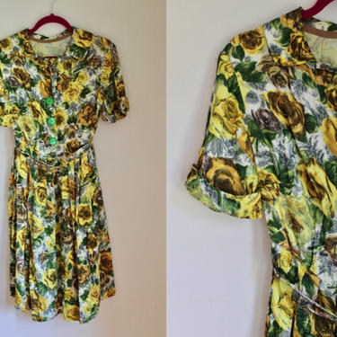Vintage 1950s Yellow Rose Shirt Waist Dress / S (AS IS) 