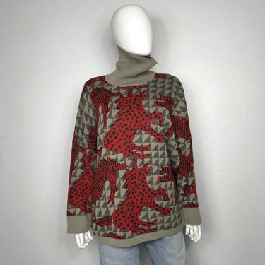 Vtg 80s Chacok abstract unicorn print knit sweater M 