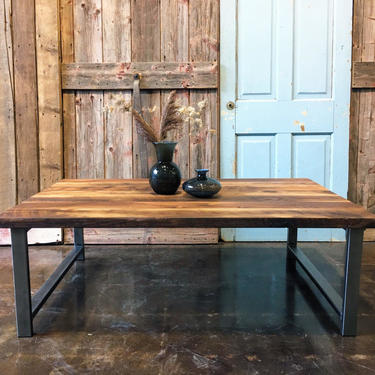 Industrial Reclaimed Wood Coffee Table / H-Shaped Steel Legs 