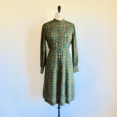 Vintage 1970's Green Floral Print Challis Dress Mock Neck Long Sleeves Young Edwardian Hippie Boho Fall Winter Size Medium 