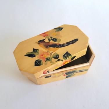Vintage Chinese Wood Box, Song Bird and Peony Design, Bamboo Trinket Box 