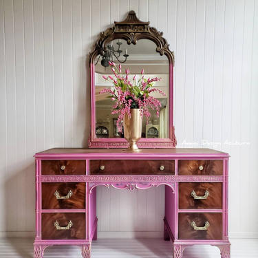 Available - Bold Vintage Mahogany Vanity &amp; Mirror Pink Gold Blue Brown 