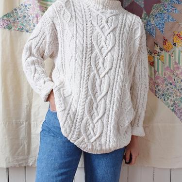 Vintage Cotton Cable Knit Beach Pullover | 1980s/1990s Soft Cream Cotton/Ramie Fisherman Sweater | XL 